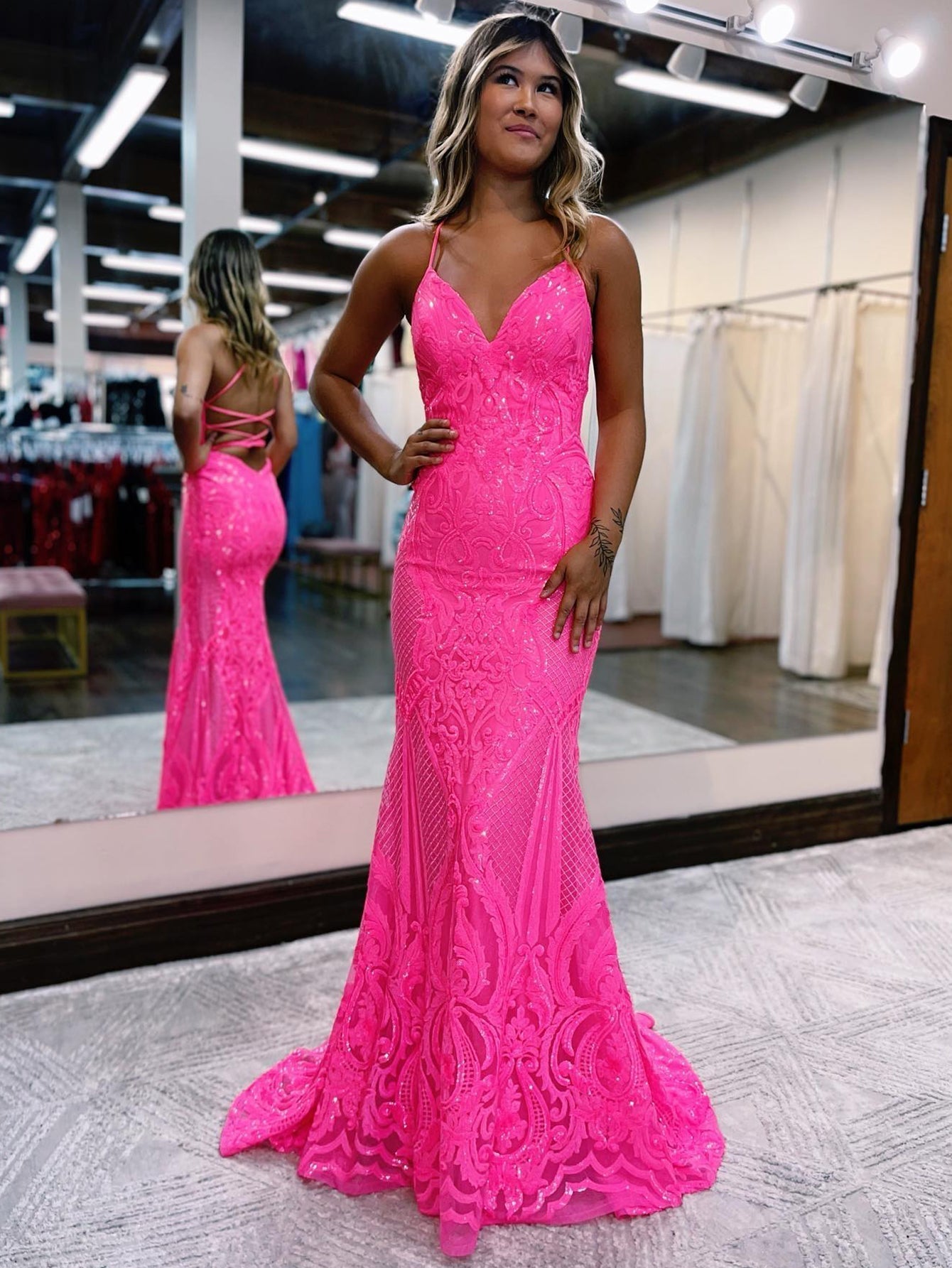 Pink Glitter V-Neck Backless Mermaid Bodycon Long Prom Dress