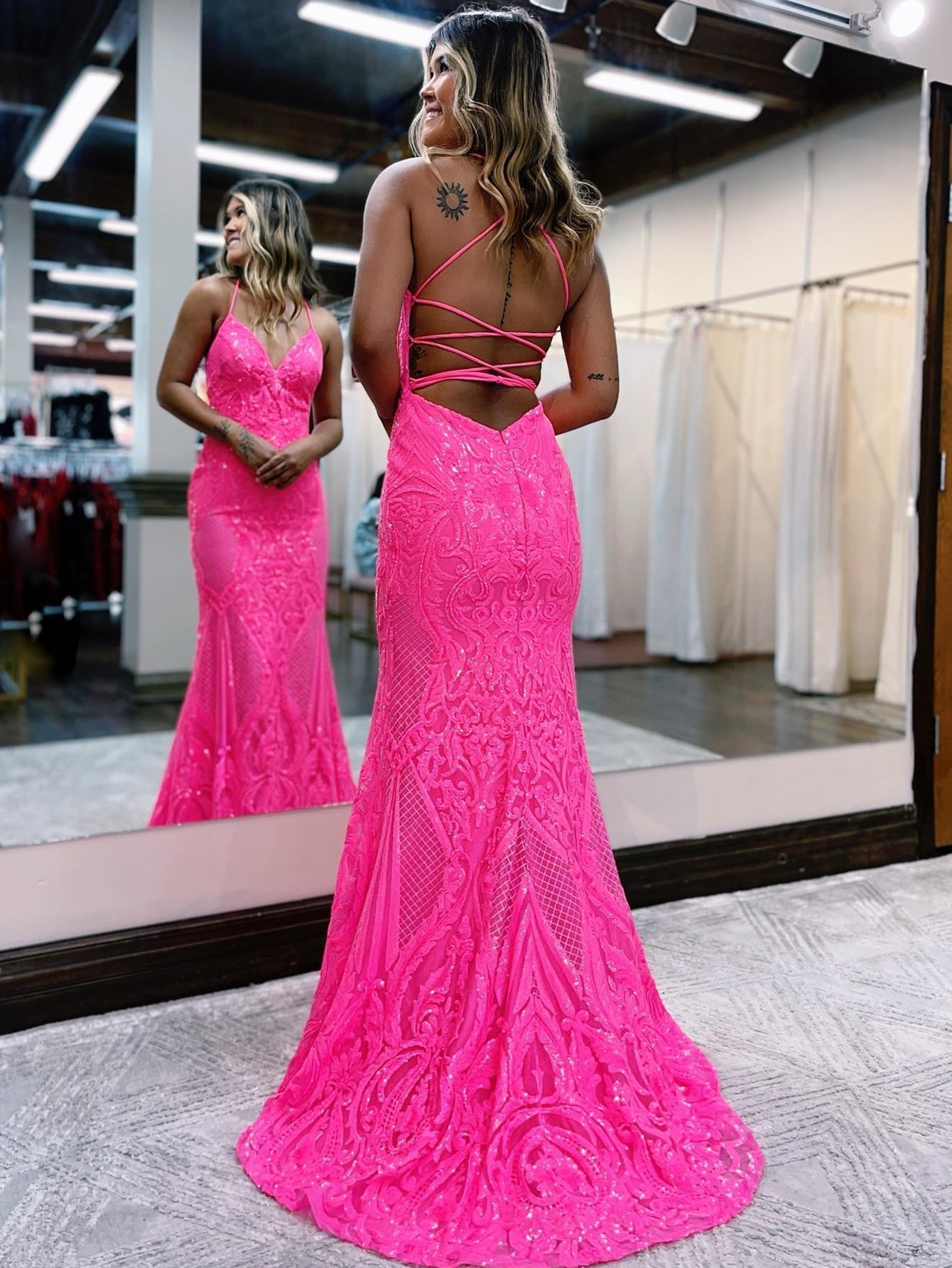 Pink Glitter V-Neck Backless Mermaid Bodycon Long Prom Dress