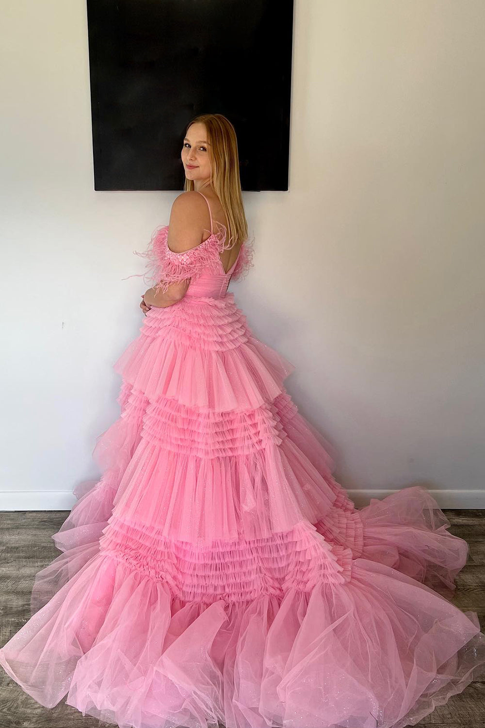 Lilah | Glitter Tulle A-Line Prom Dress with Spaghetti Straps and Side Slit