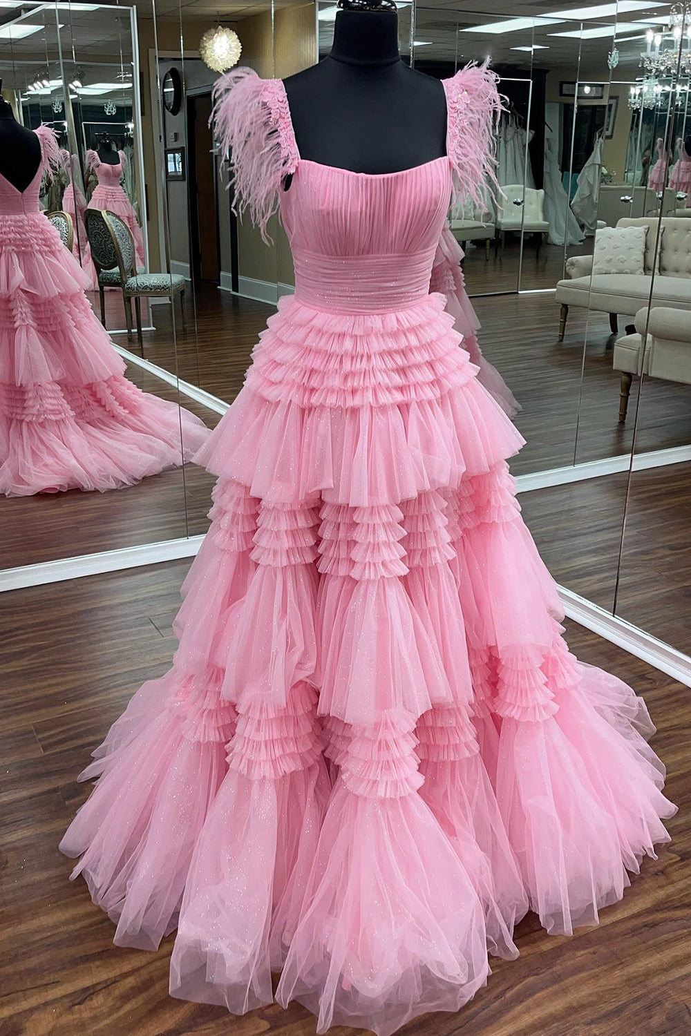 Lilah | Glitter Tulle A-Line Prom Dress with Spaghetti Straps and Side Slit