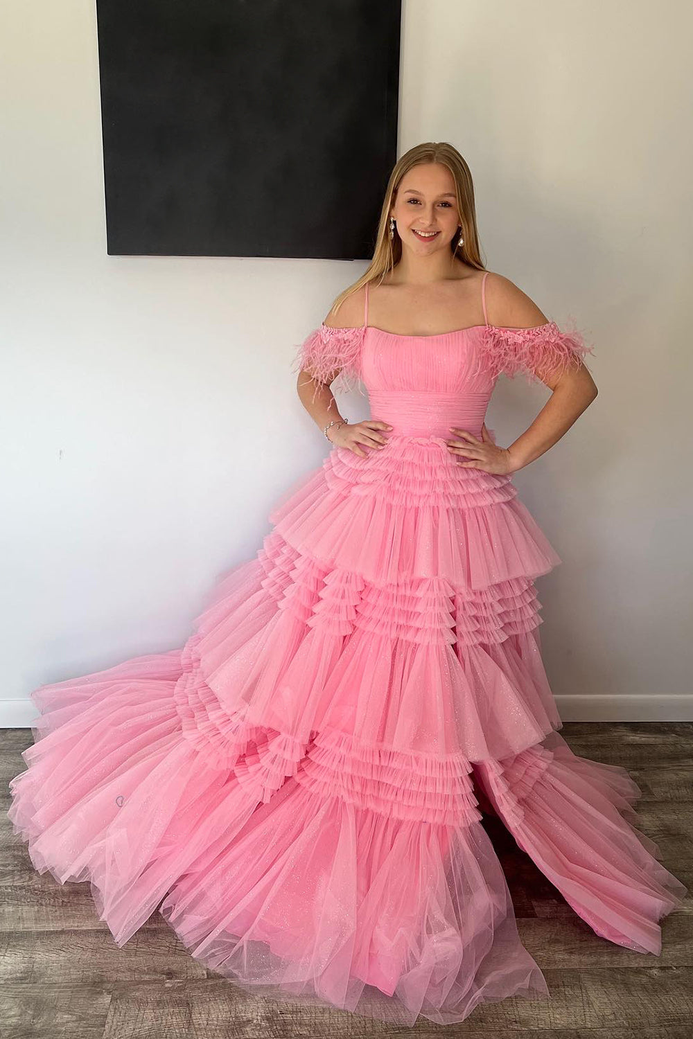Lilah | Glitter Tulle A-Line Prom Dress with Spaghetti Straps and Side Slit