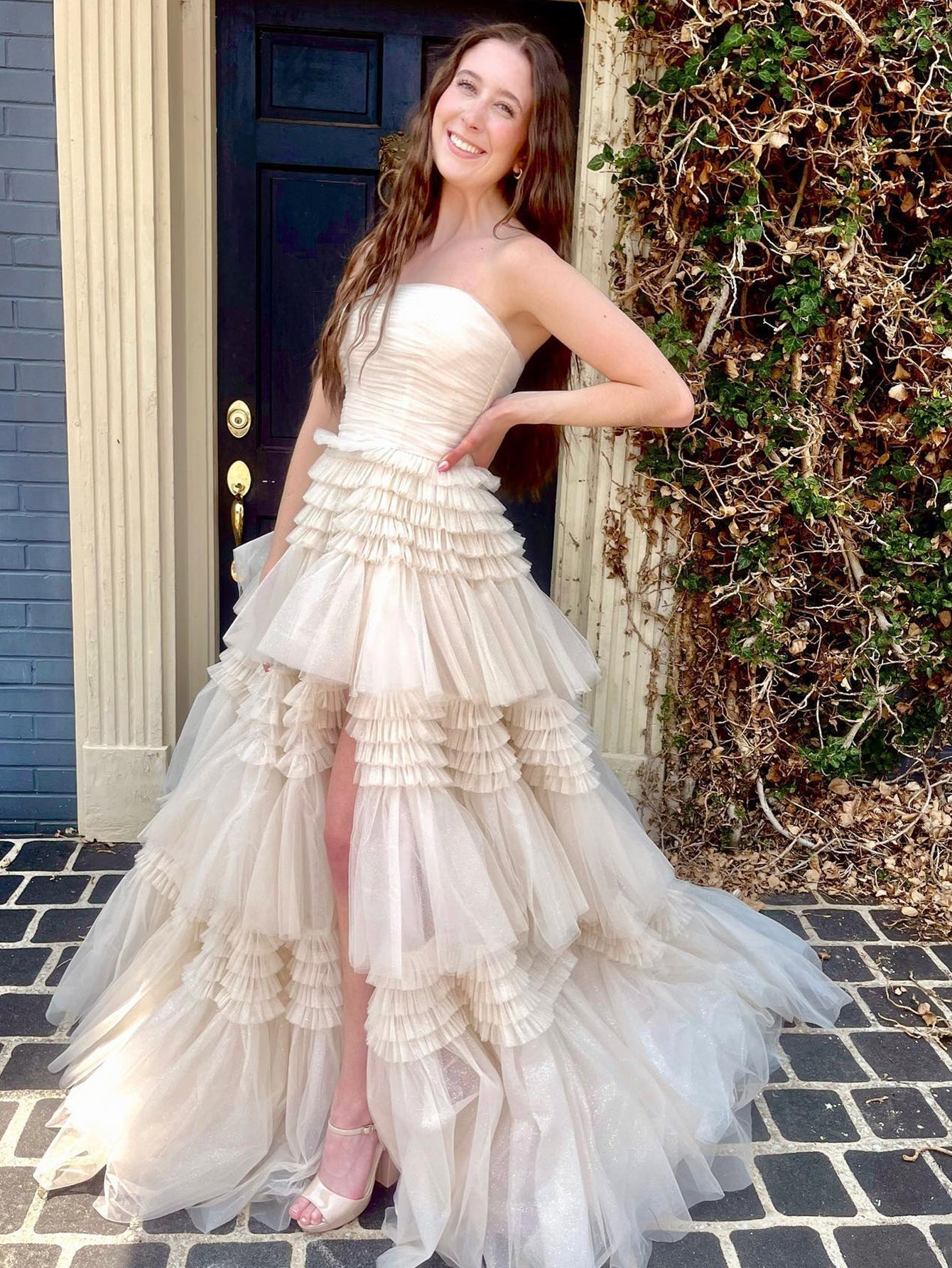 Daniela | Strapless Tulle A-Line Prom Dress with Tiered Ruffle Skirt