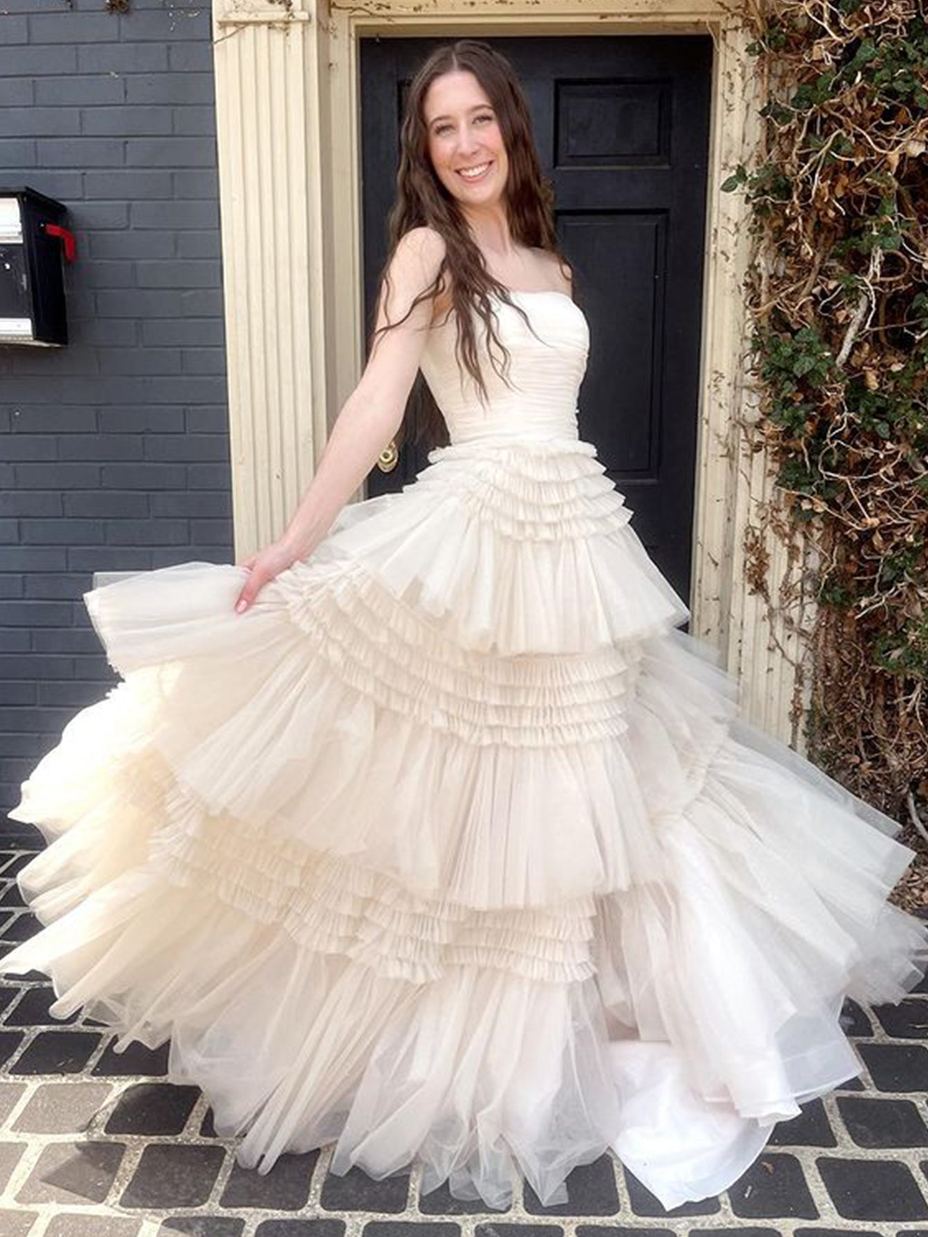 Daniela | Strapless Tulle A-Line Prom Dress with Tiered Ruffle Skirt