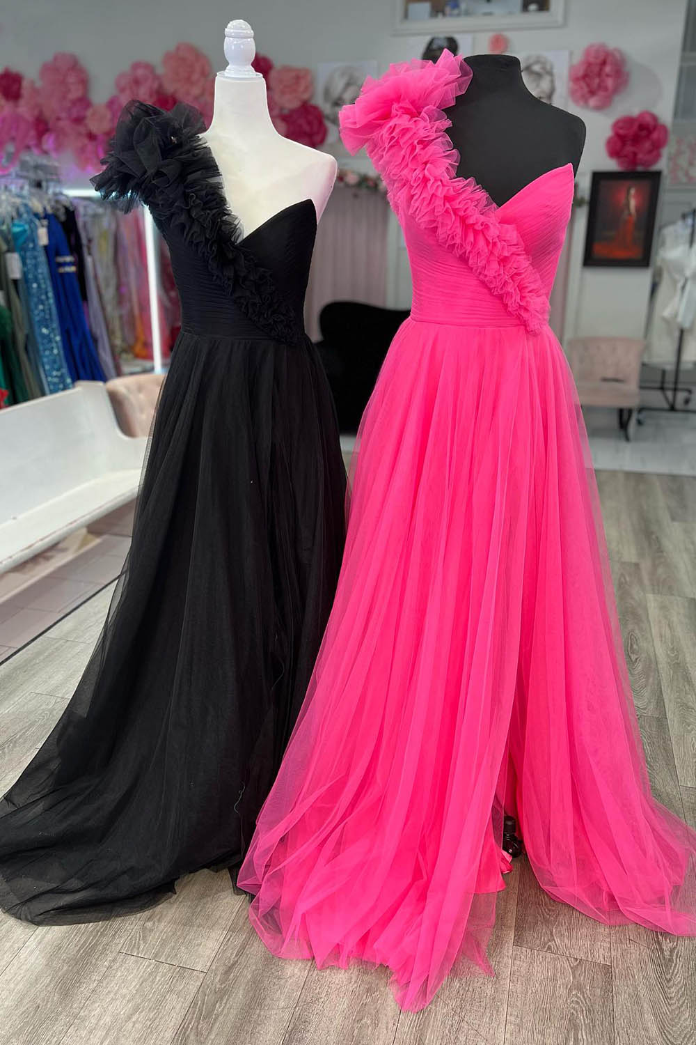 Delaney | One-Shoulder A-Line Tulle Prom Dress with Ruffles