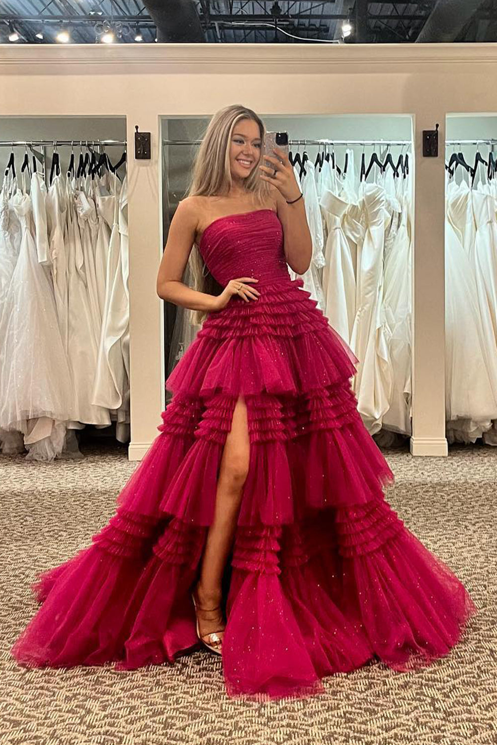 Daniela | Strapless Tulle A-Line Prom Dress with Tiered Ruffle Skirt
