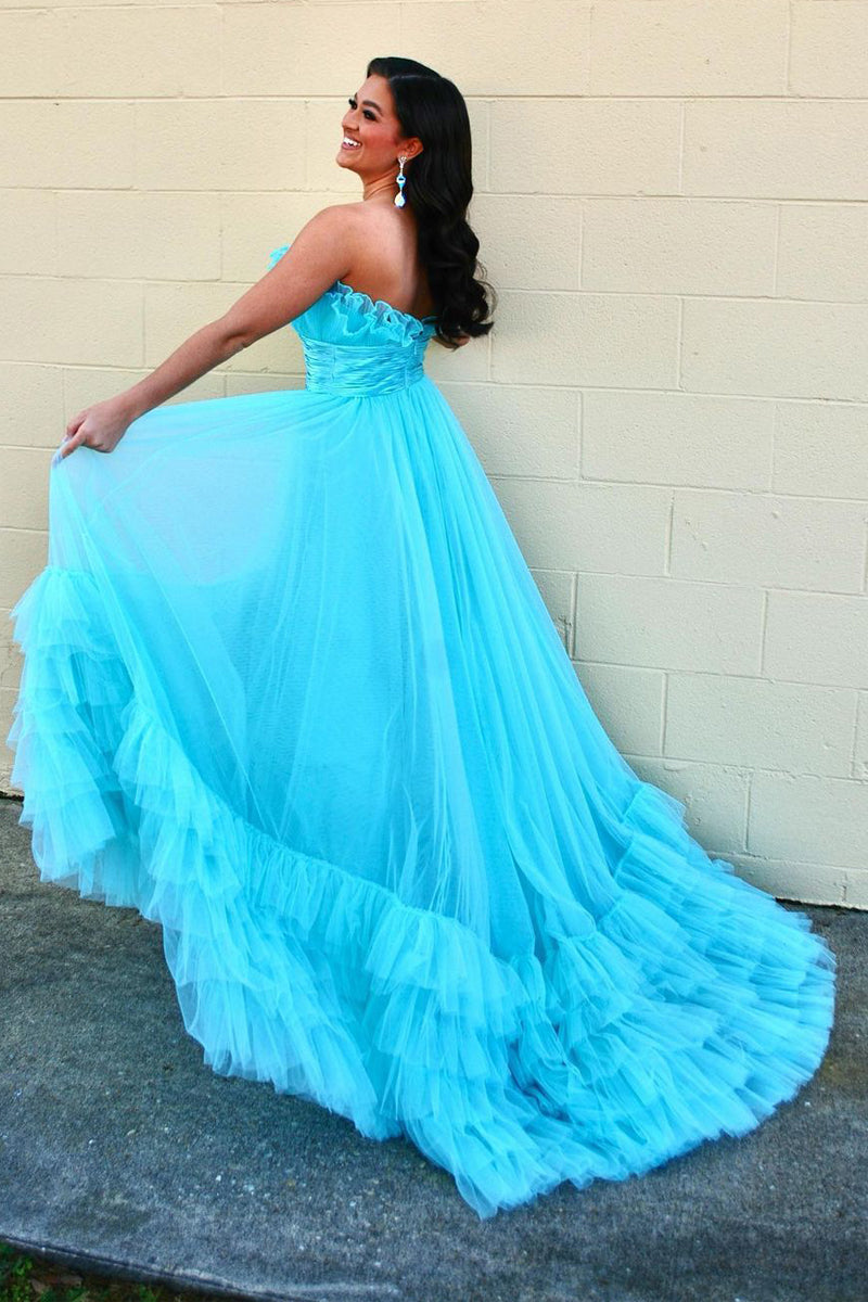 Cute Ball Gown Strapless Ruffle Tiered Tulle Prom Dresses LD062594