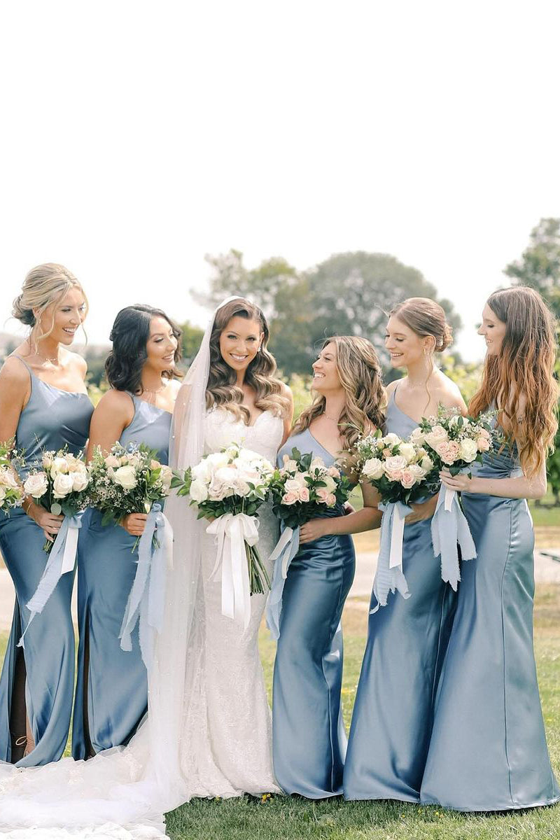 Sheath One Shoulder Silk Satin Dusty Blue Long Bridesmaid Dress LD070803