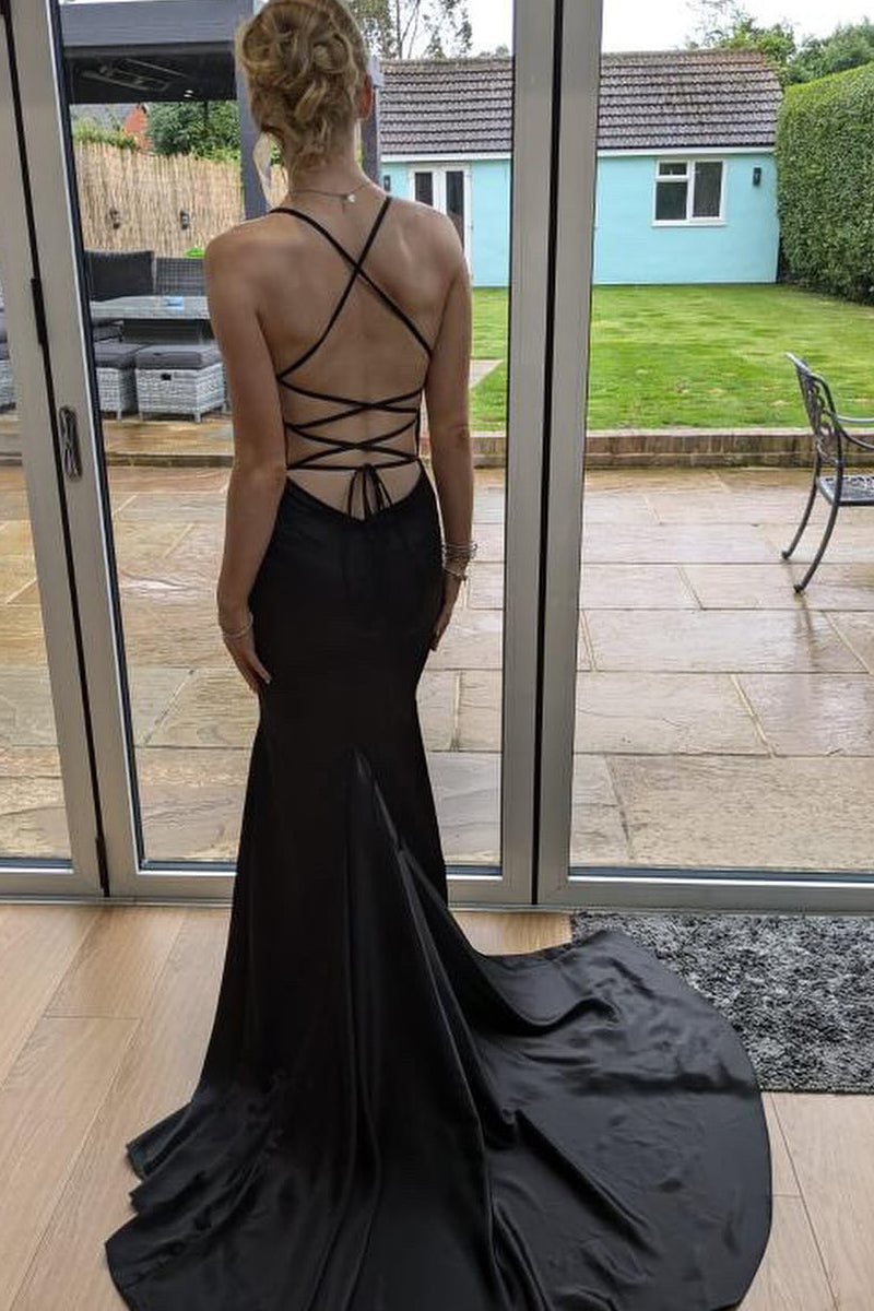 Sexy Mermaid V Neck Black Satin Long Evening Dresses LD071301