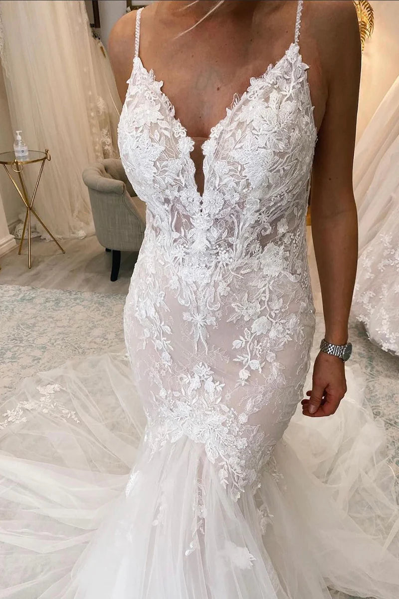 Fairy V-Neck Mermaid Tulle Bridal Dress with Appliqués