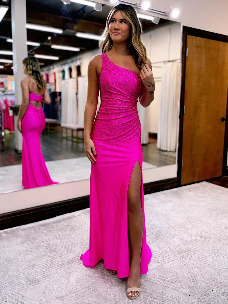 Charming Royal Blue One-Shoulder Mermaid Prom Dress in Elastic Satin with Beading