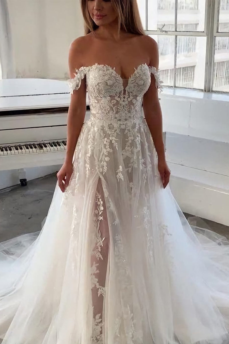 Fairy A Line Sweetheart Tulle Wedding Dresses with Appliques LD062538