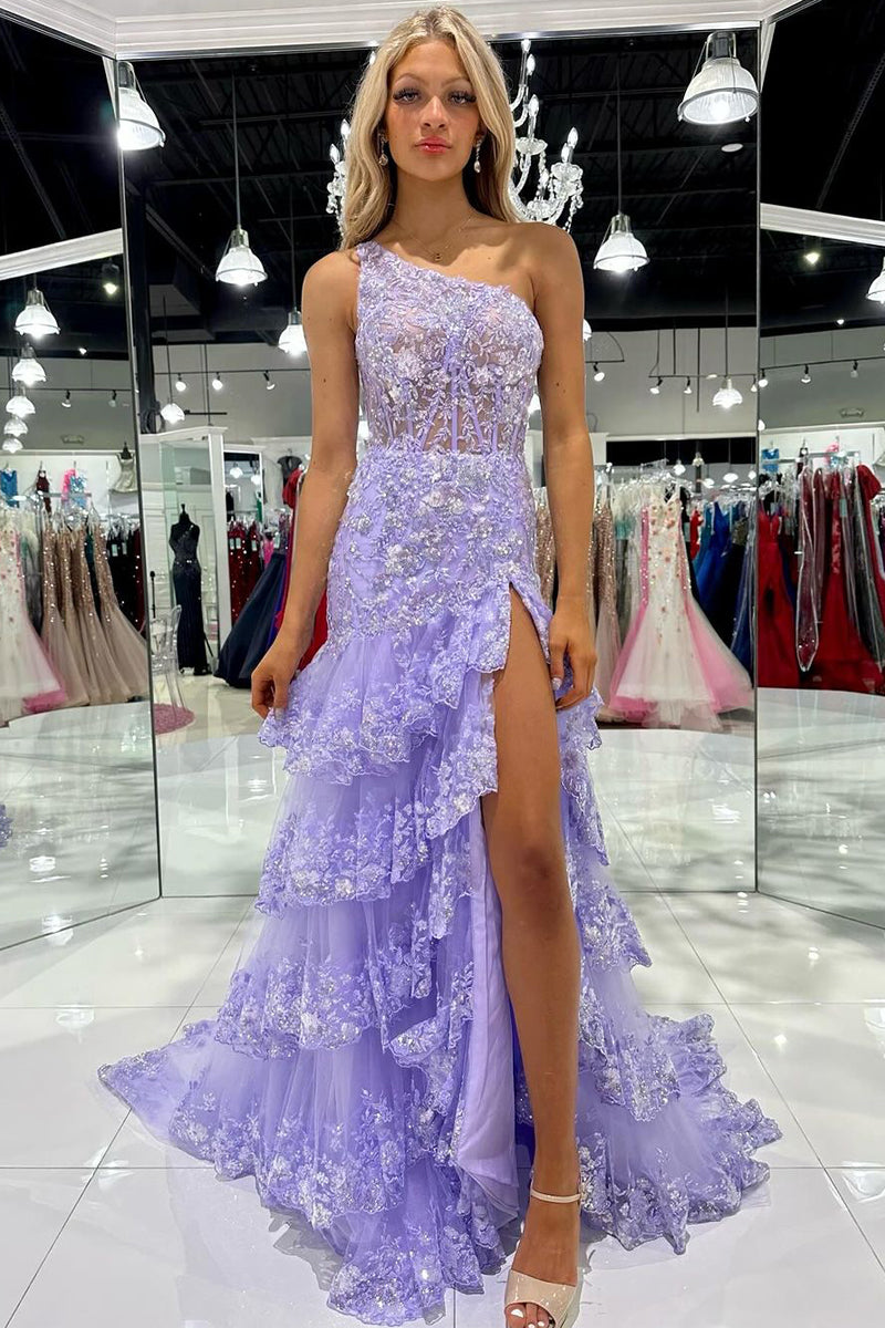 Cute Mermaid One Shoulder Lavender Ruffle Tulle Prom Dress with Appliques LD062528