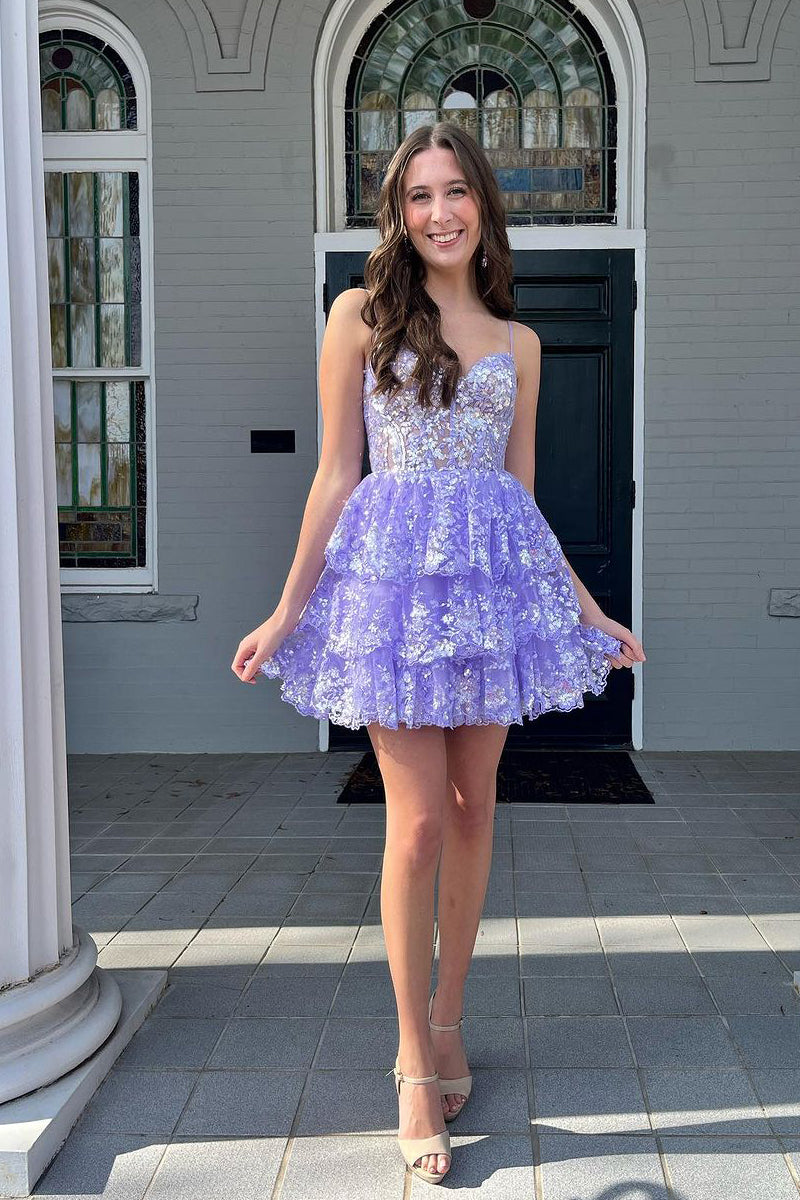 Cute A-Line V Neck Lavender Sequin Appliques Short Homecoming Dresses LD062592