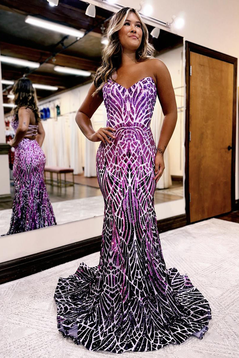 Unqiue Mermaid Sweetheart Purple Sequins Long Prom Dresses LD062572