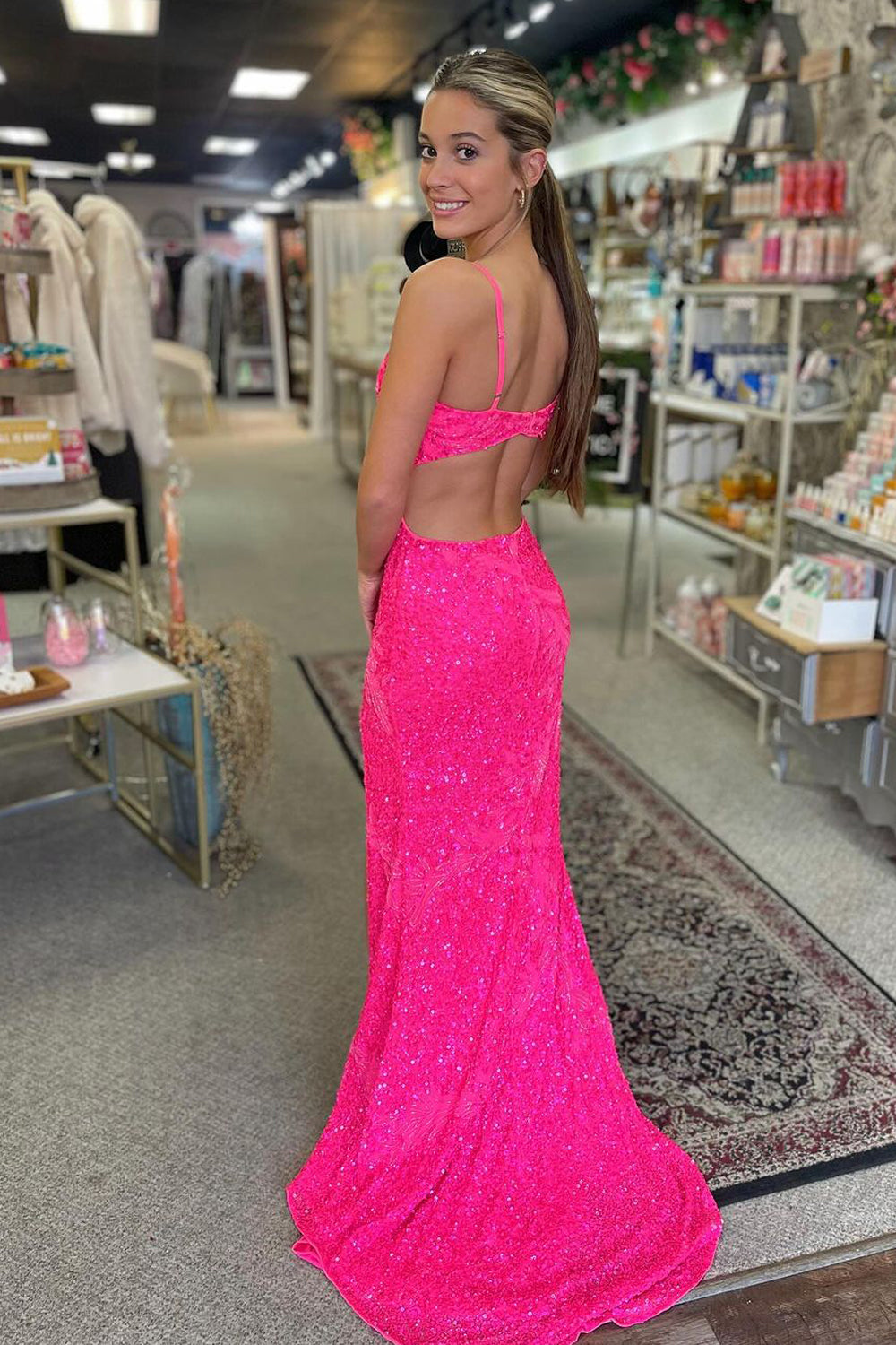 Charming Mermaid Pink Sequin Prom Dress with Square Neckline and Slit