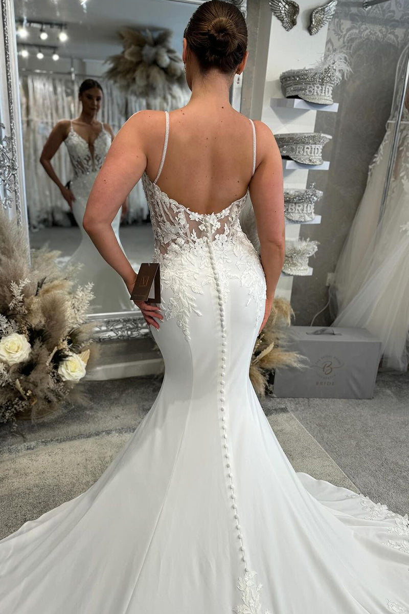 Charming Mermaid V Neck Wedding Dresses with Appliques LD070206