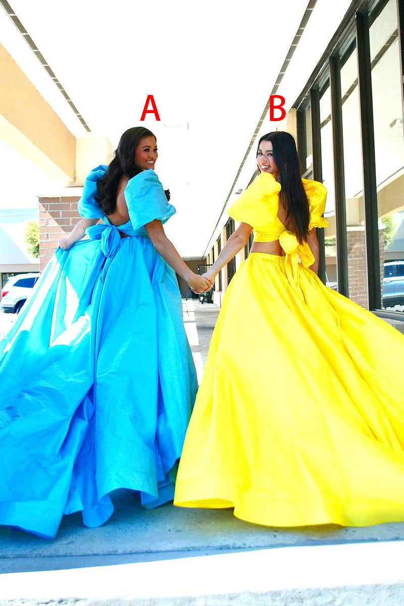 Cute Ball Gown V Neck Two Piece Yellow Satin Long Prom Dresses LD062596