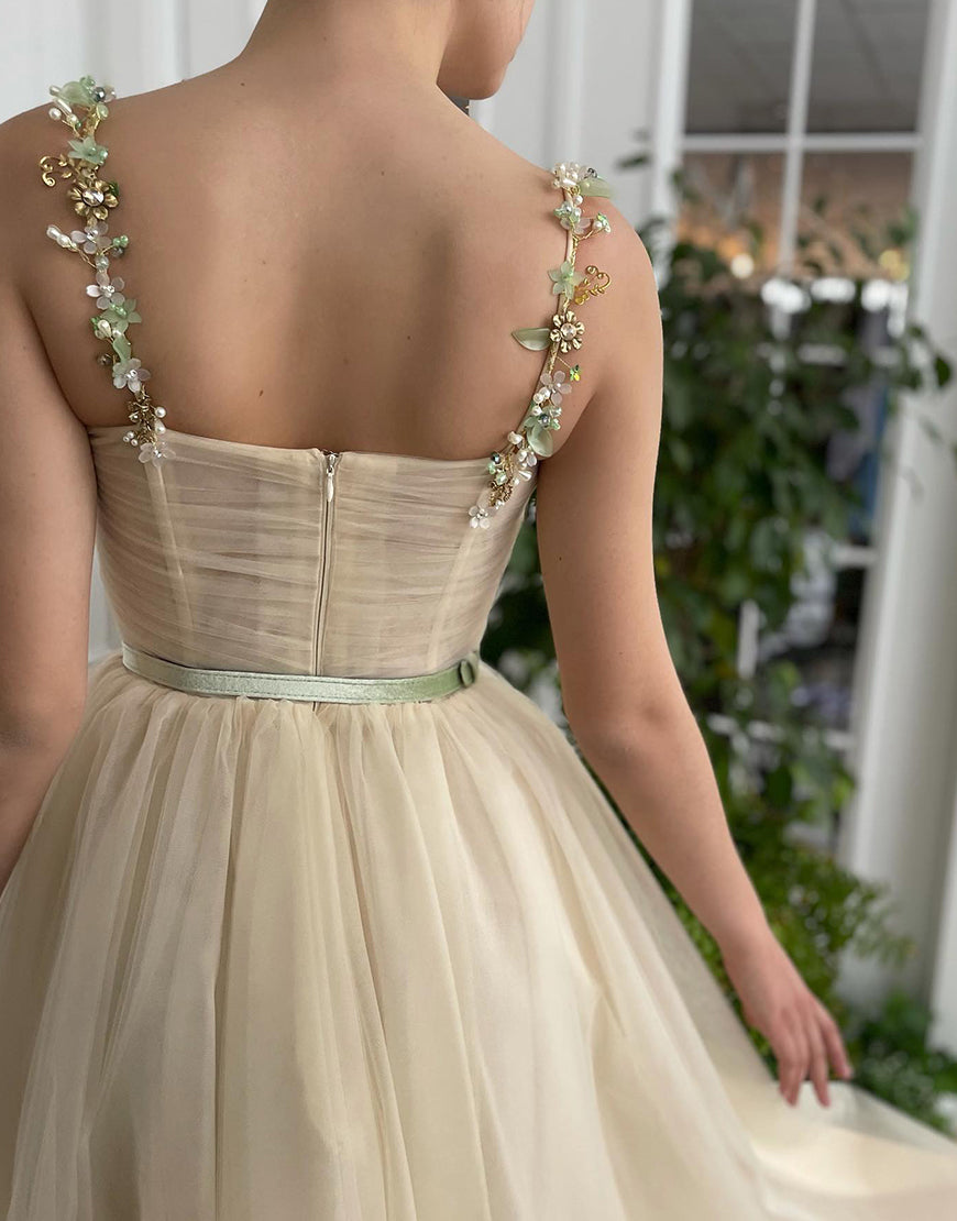 Ally | Apricot Beaded Spaghetti Strap Homecoming Dress