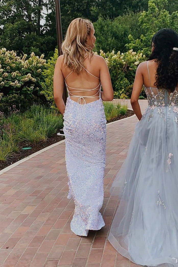 Glittering White Mermaid Prom Dress with Spaghetti Straps and Lace-Up Back