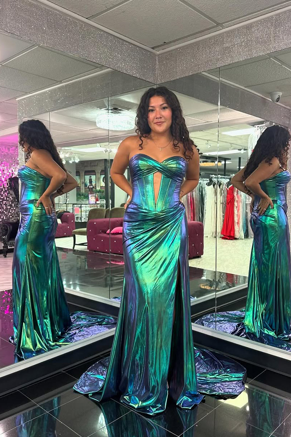 Charming Mermaid Sweetheart Royal Blue Metallic Satin Prom Dress with Slit