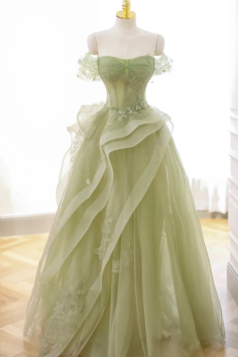 Green Lace Corset Prom Dress with Tulle Skirt