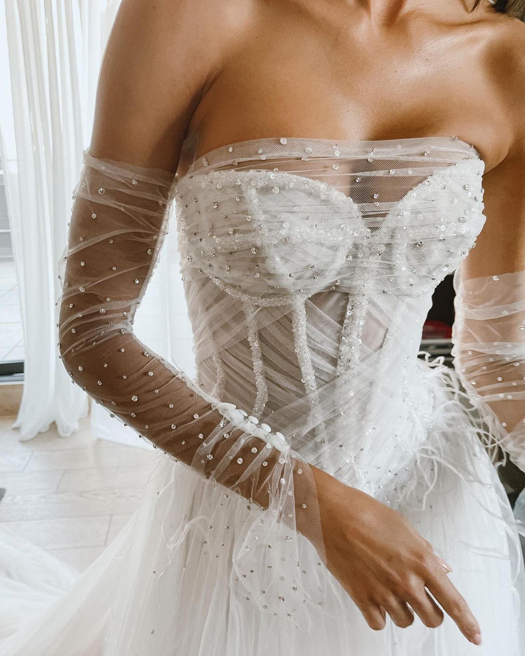 Fairy A Line Sweetheart Tulle Wedding Dresses with Feather Beading LD062506