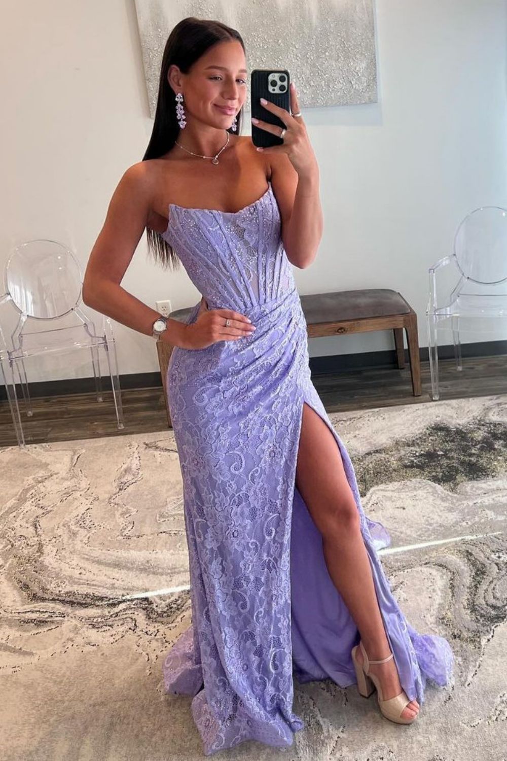 Charming Lilac Mermaid Scoop Neck Lace Prom Dresses With Slit LD062560
