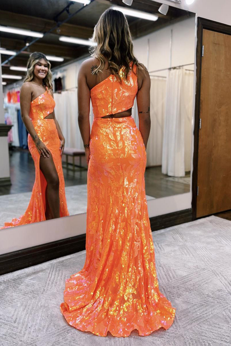 Cute Mermaid One Shoulder Orange Sequins Long Prom Dresses with Slit LD070820