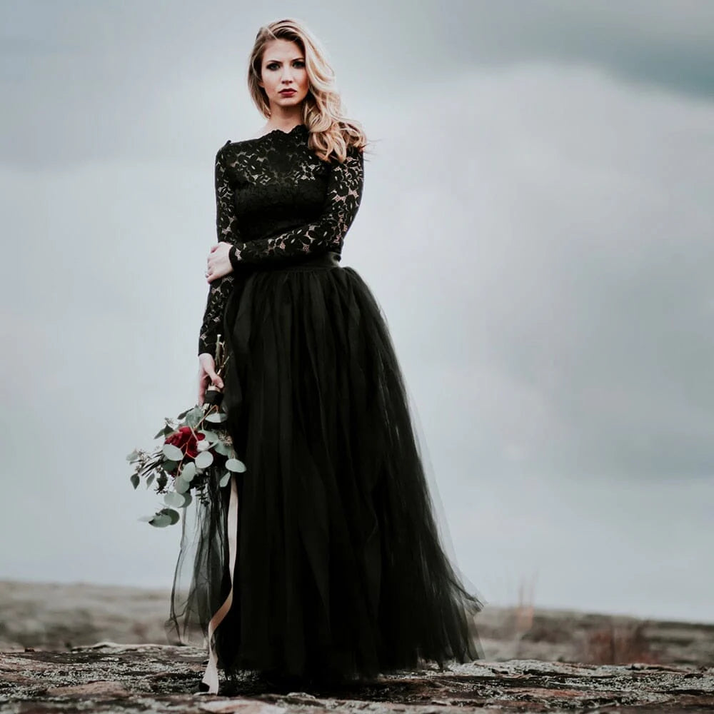A-Line Black Lace Appliquéd Ball Gown Wedding Dress with Train
