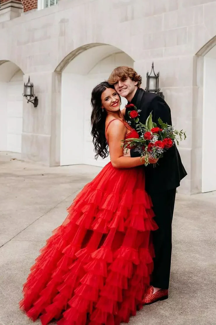 A-Line Sweetheart Beaded Long Prom Dress with Tiered Ruffles