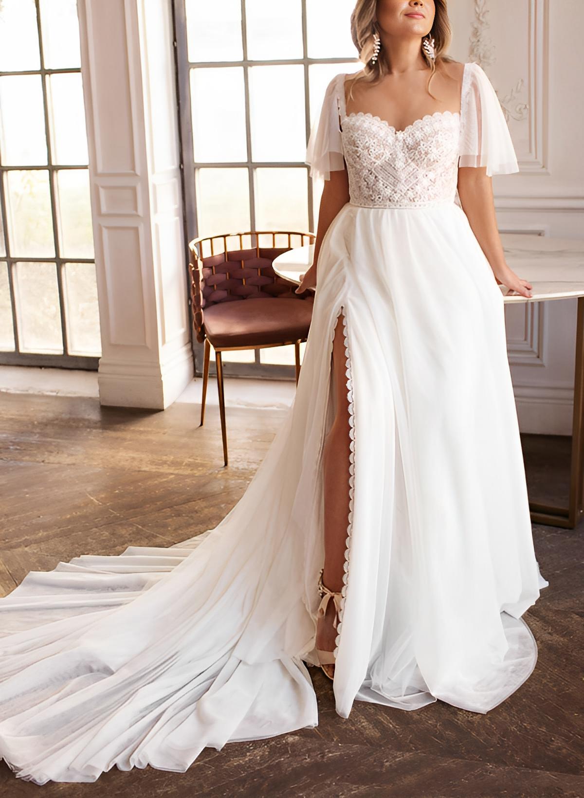 Elegant A-Line Plus Size Sweetheart Chiffon Wedding Dress with Short Sleeves and Sweep Train