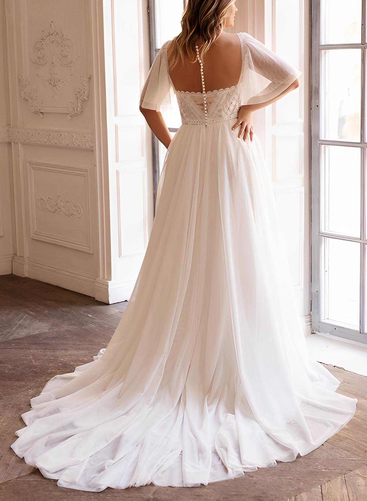 Elegant A-Line Plus Size Sweetheart Chiffon Wedding Dress with Short Sleeves and Sweep Train