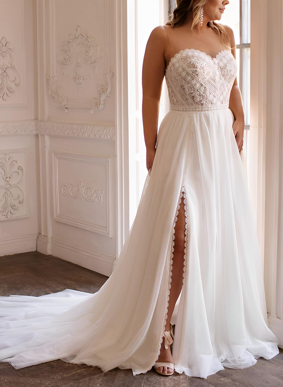 Elegant A-Line Plus Size Sweetheart Chiffon Wedding Dress with Short Sleeves and Sweep Train