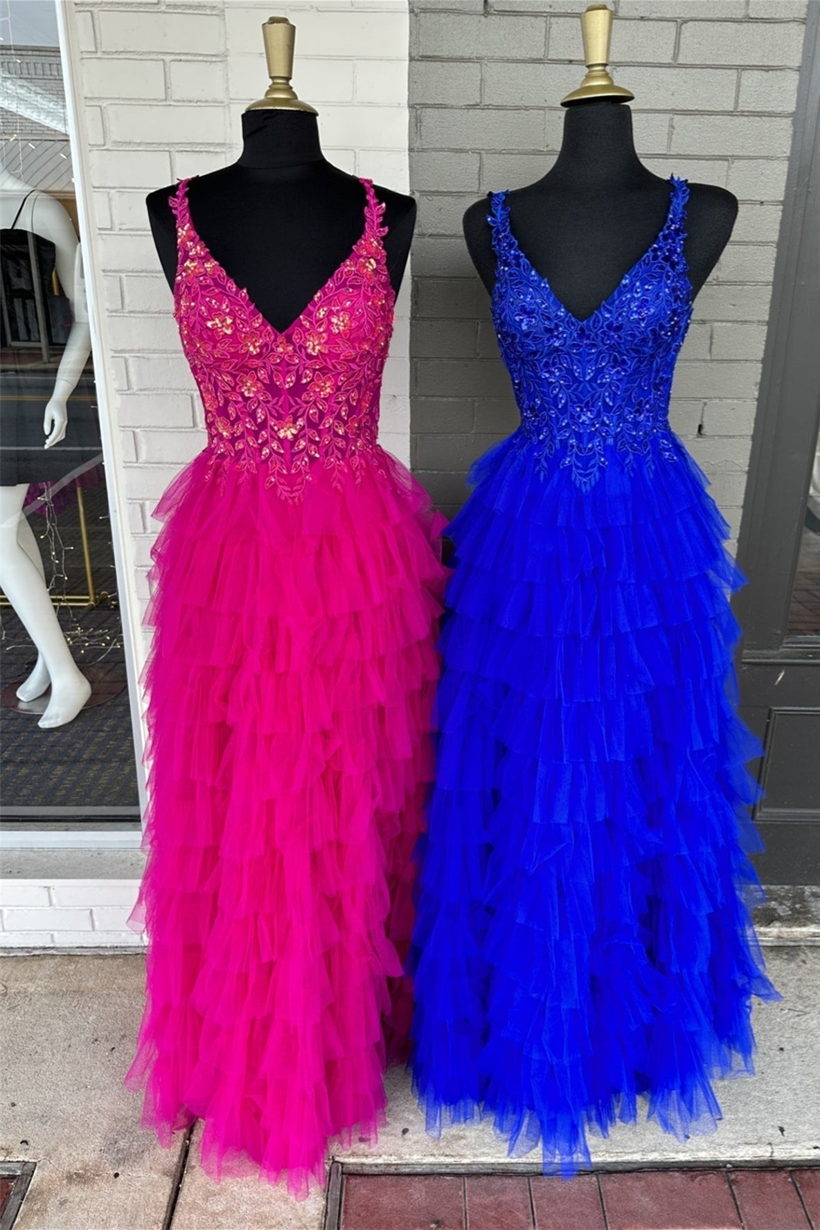 Avah | Fuchsia Floral Tulle A-Line Long Prom Dress with Layers