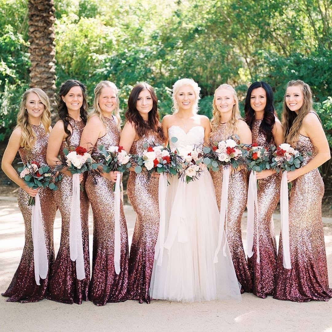 Fashion Mermaid Rose Gold Burgundy Sequins Long Bridesmaid Dress LD0625118