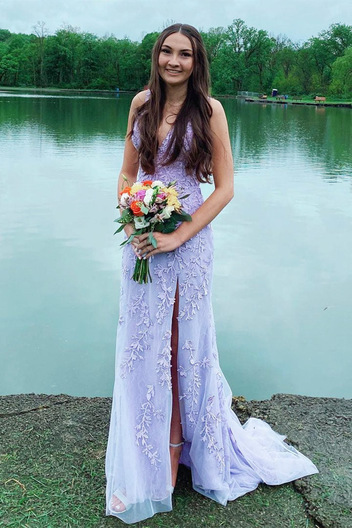 Kalista | Elegant V-Neck Light Yellow Long Prom Dress with Lace Appliqué Detail