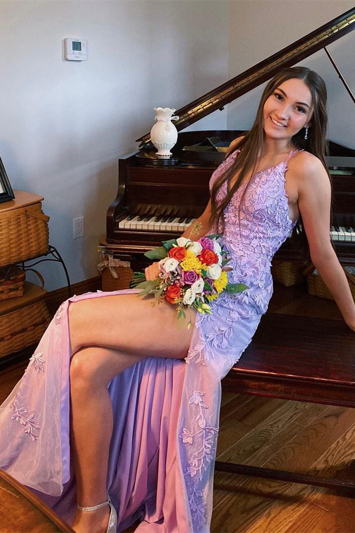 Kalista | Elegant V-Neck Light Yellow Long Prom Dress with Lace Appliqué Detail