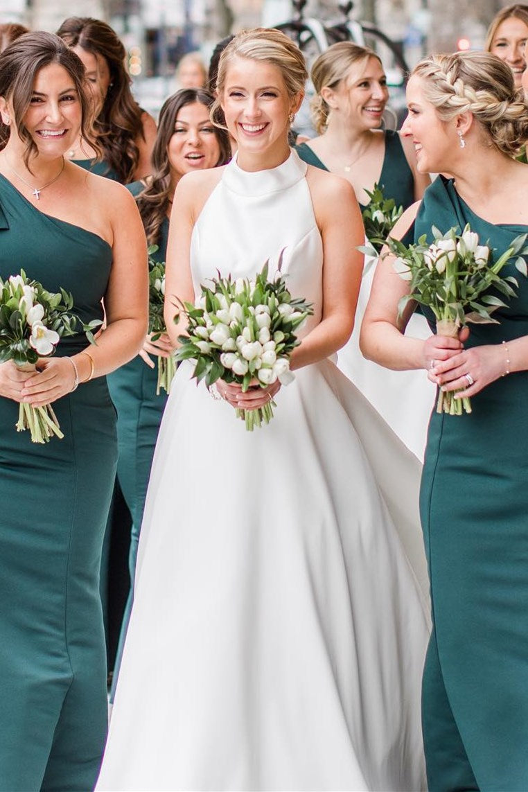 White Halter A-Line Satin Wedding Dress with Buttons