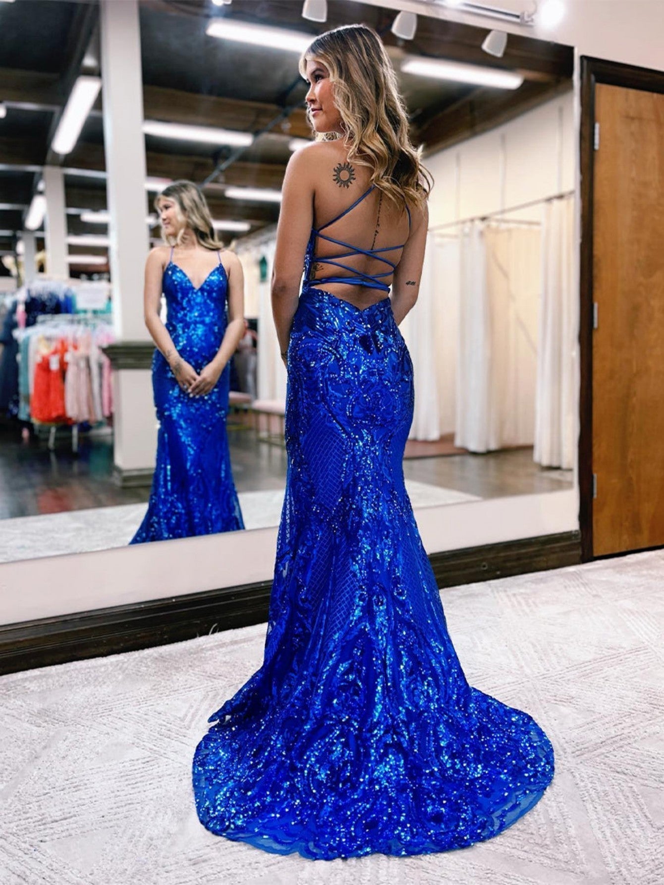 Pink Glitter V-Neck Backless Mermaid Bodycon Long Prom Dress