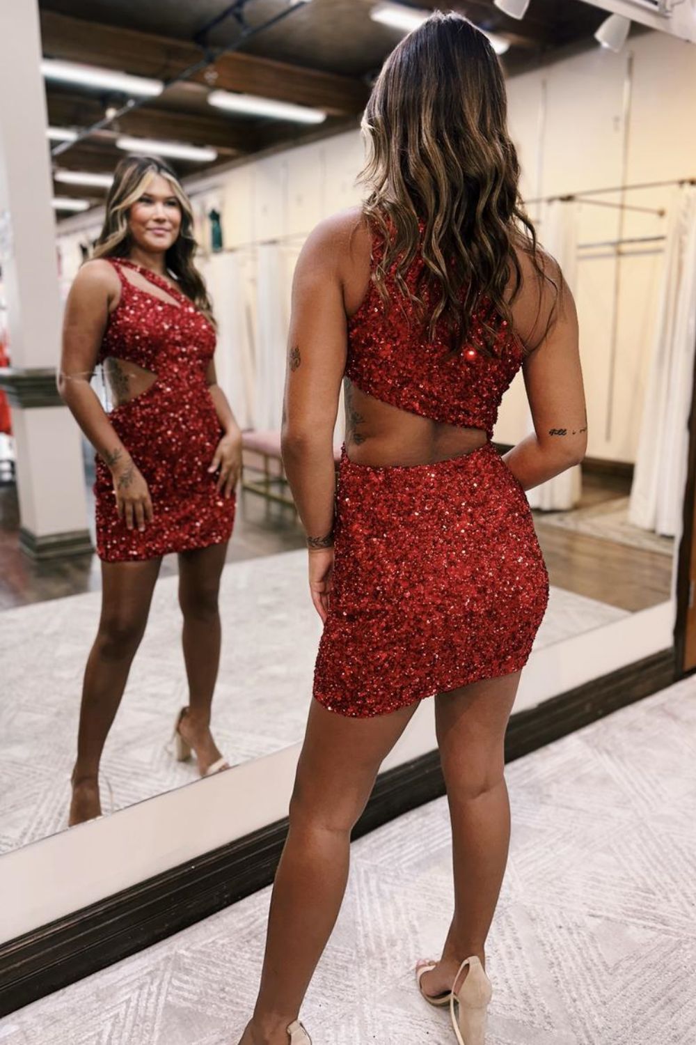 Cute Bodycon One Shoulder Cutout Sequins Homecoming Dresses LD071511