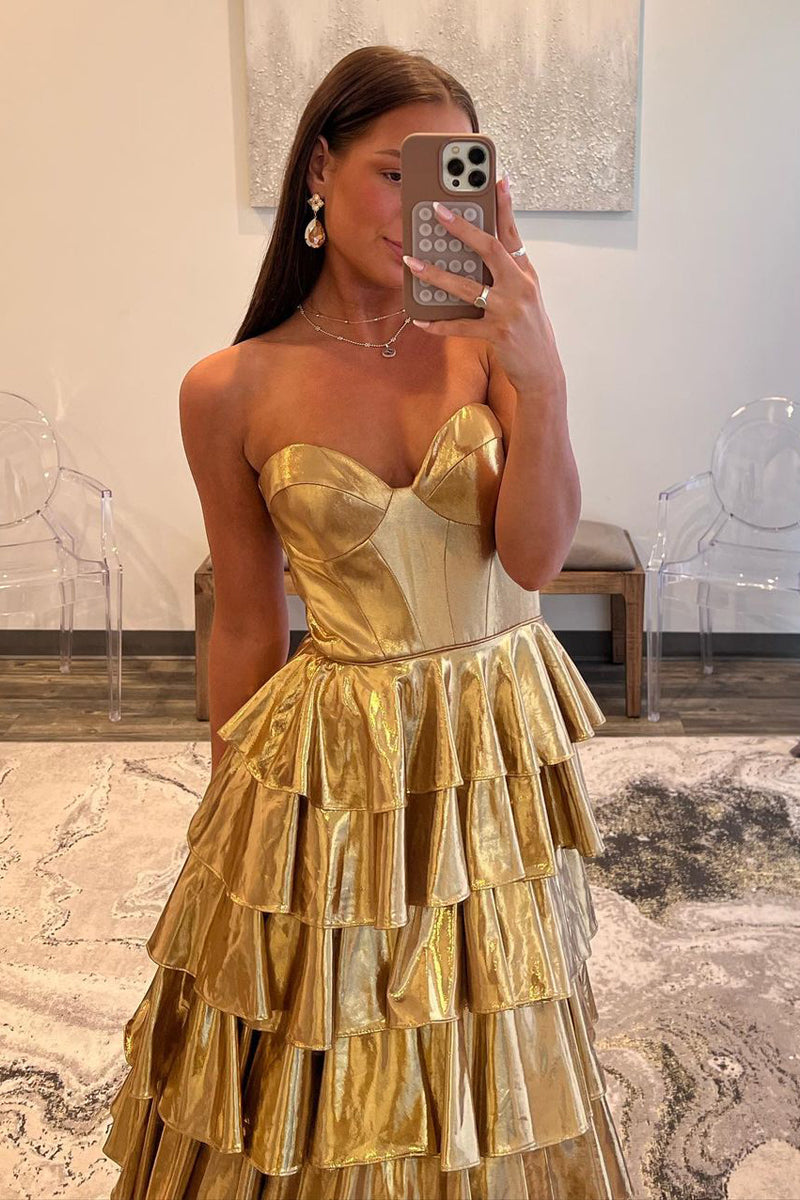 Cute Sweetheart Gold Ruffle Tiered Satin Long Prom Dresses LD062595