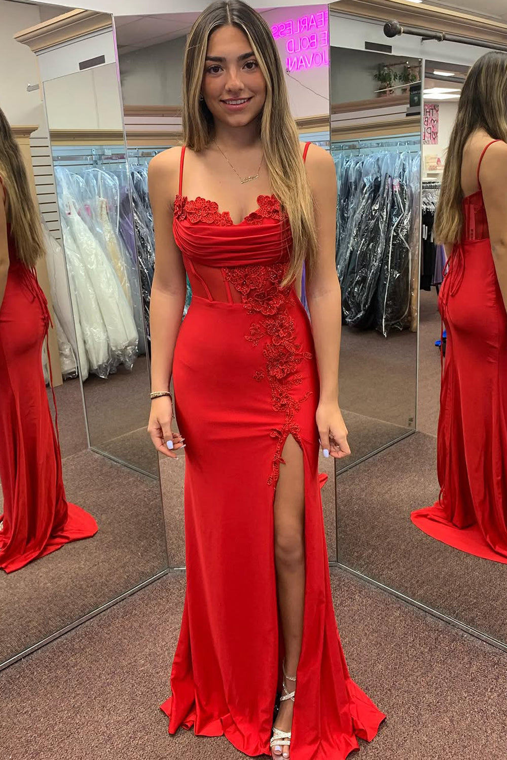 Cute Mermaid Red Satin Prom Dress with Straps and Slit