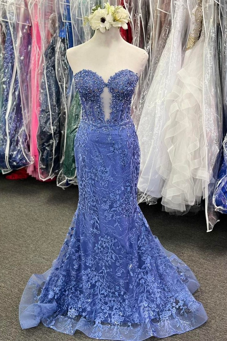 Blue Sweetheart Strapless Mermaid Prom Dress with Lace and Appliqués
