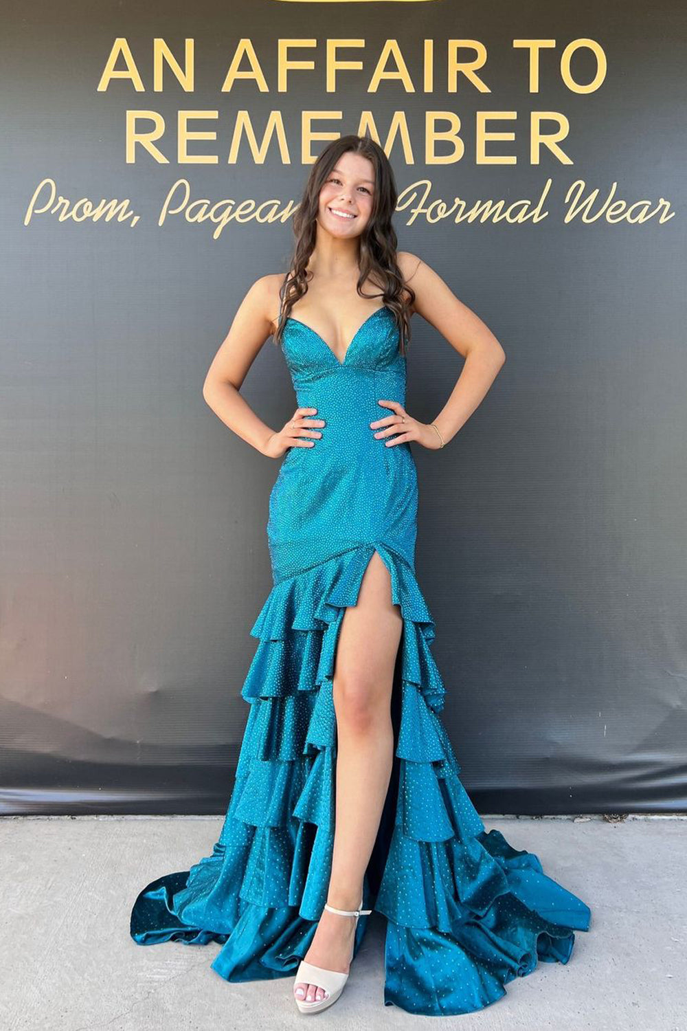 Elegant Sheath V-Neck Peacock Blue Satin Prom Dress with Beading and Tiered Detail
