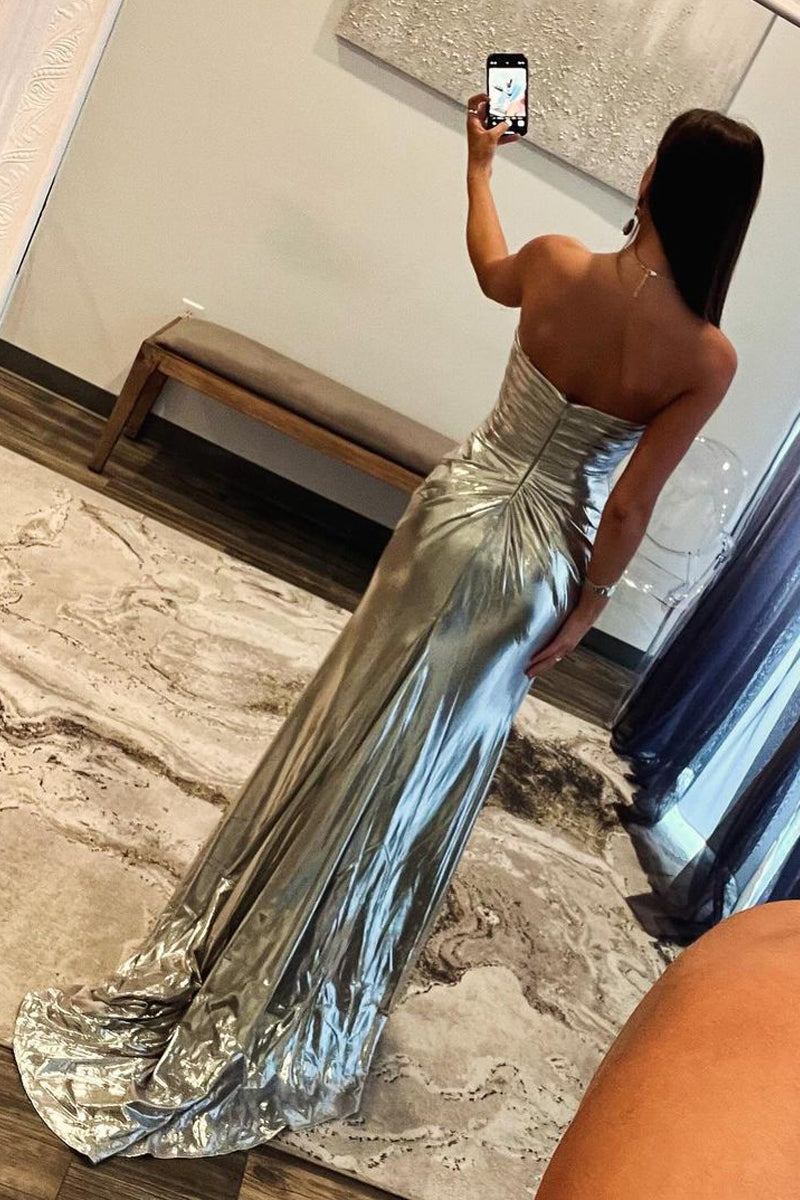 Sparkly Mermaid Sweetheart Silver Long Prom Dress with Slit LD062544