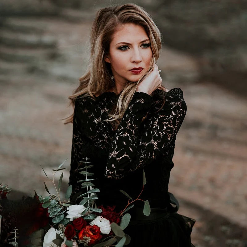 A-Line Black Lace Appliquéd Ball Gown Wedding Dress with Train
