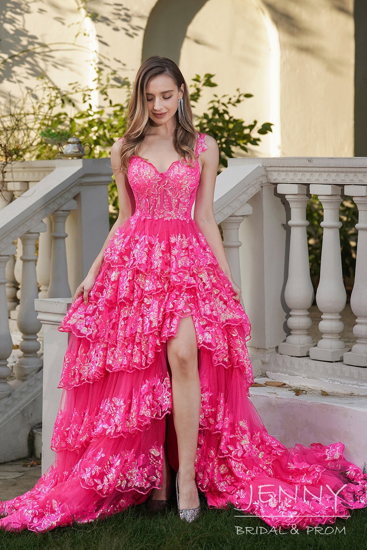 Romantic Hot Pink A-Line Tiered Tulle Prom Dress with Sweetheart Neck, Slit, and Bow