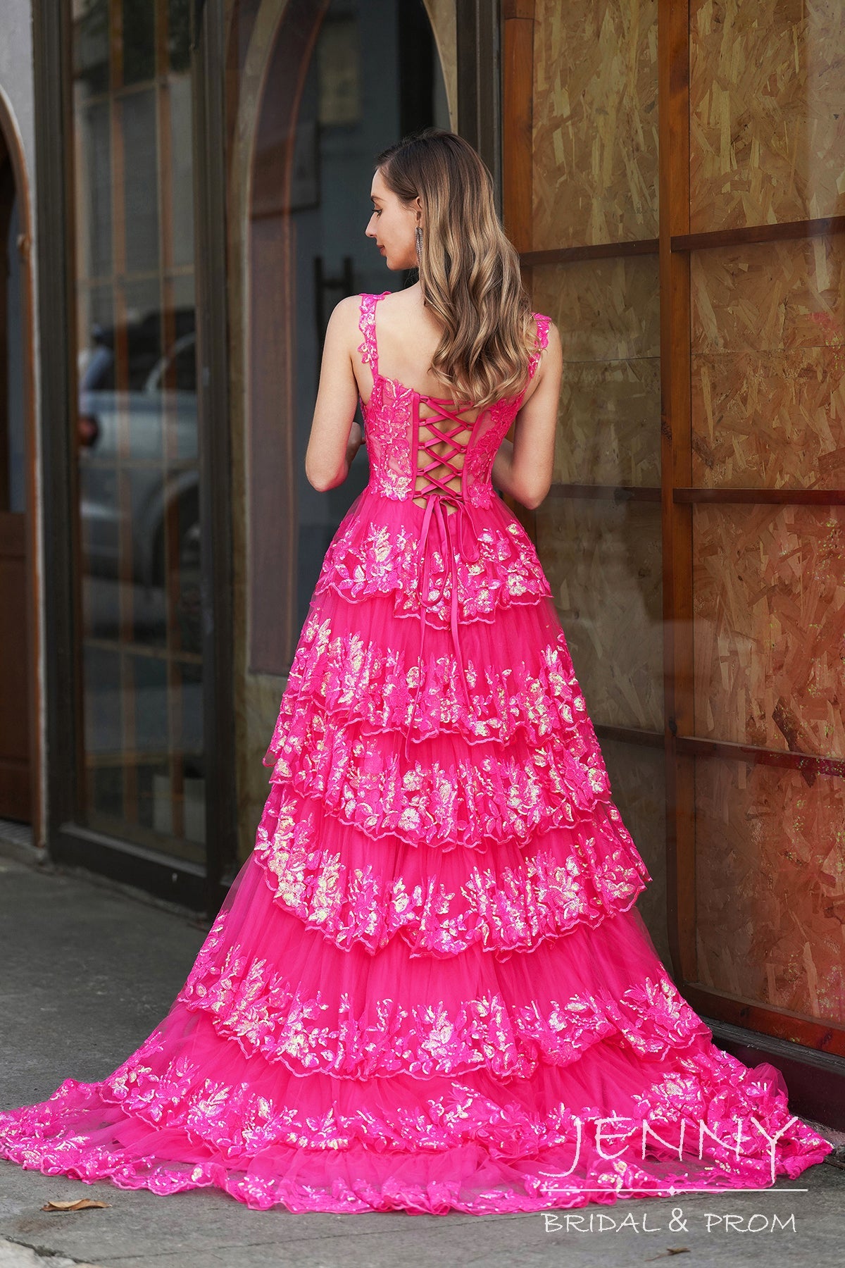 Glamorous Hot Pink A-Line Tulle Prom Dress with Illusion Neckline, Slit, and Appliques