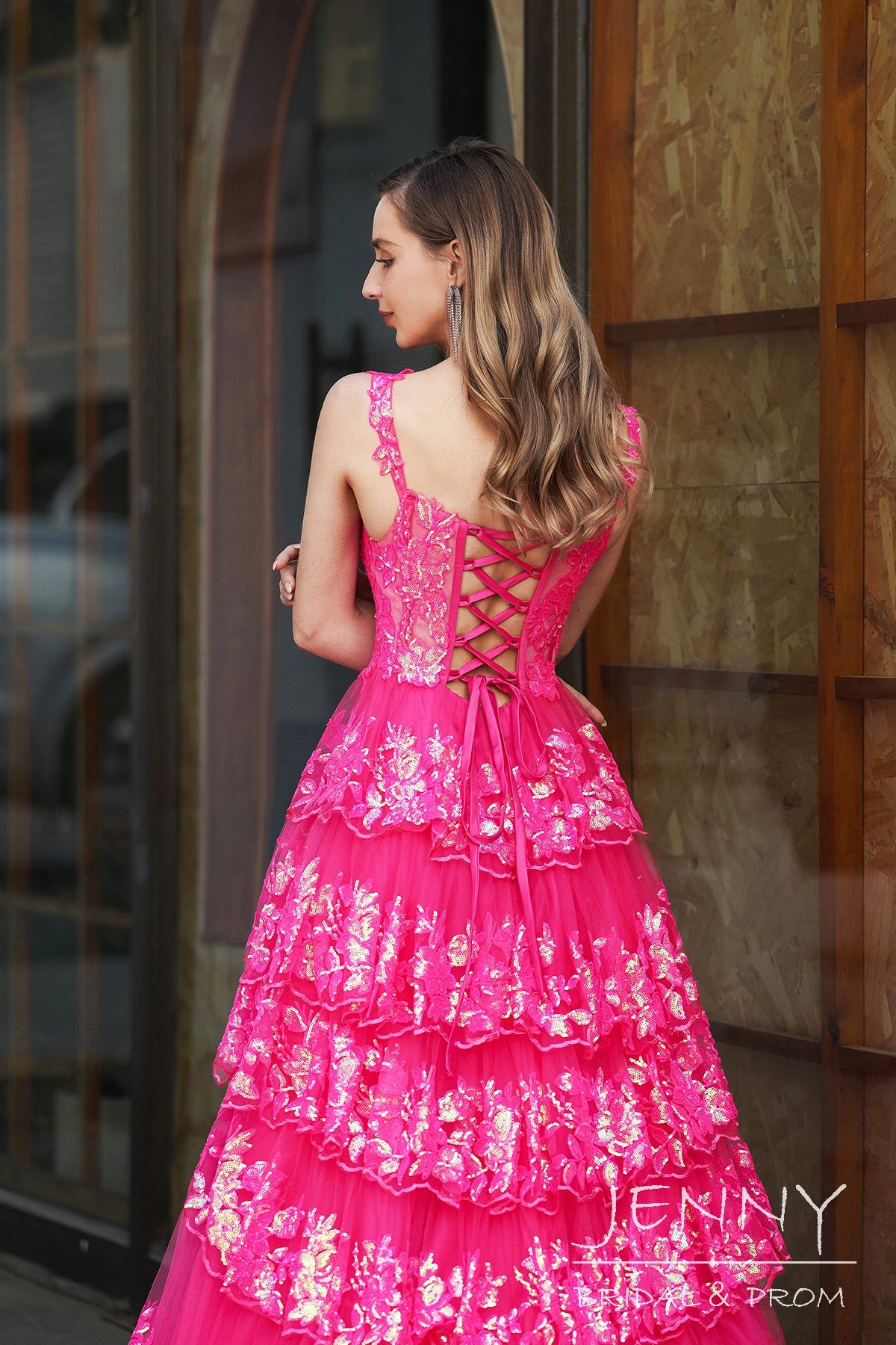 Glamorous Hot Pink A-Line Tulle Prom Dress with Illusion Neckline, Slit, and Appliques