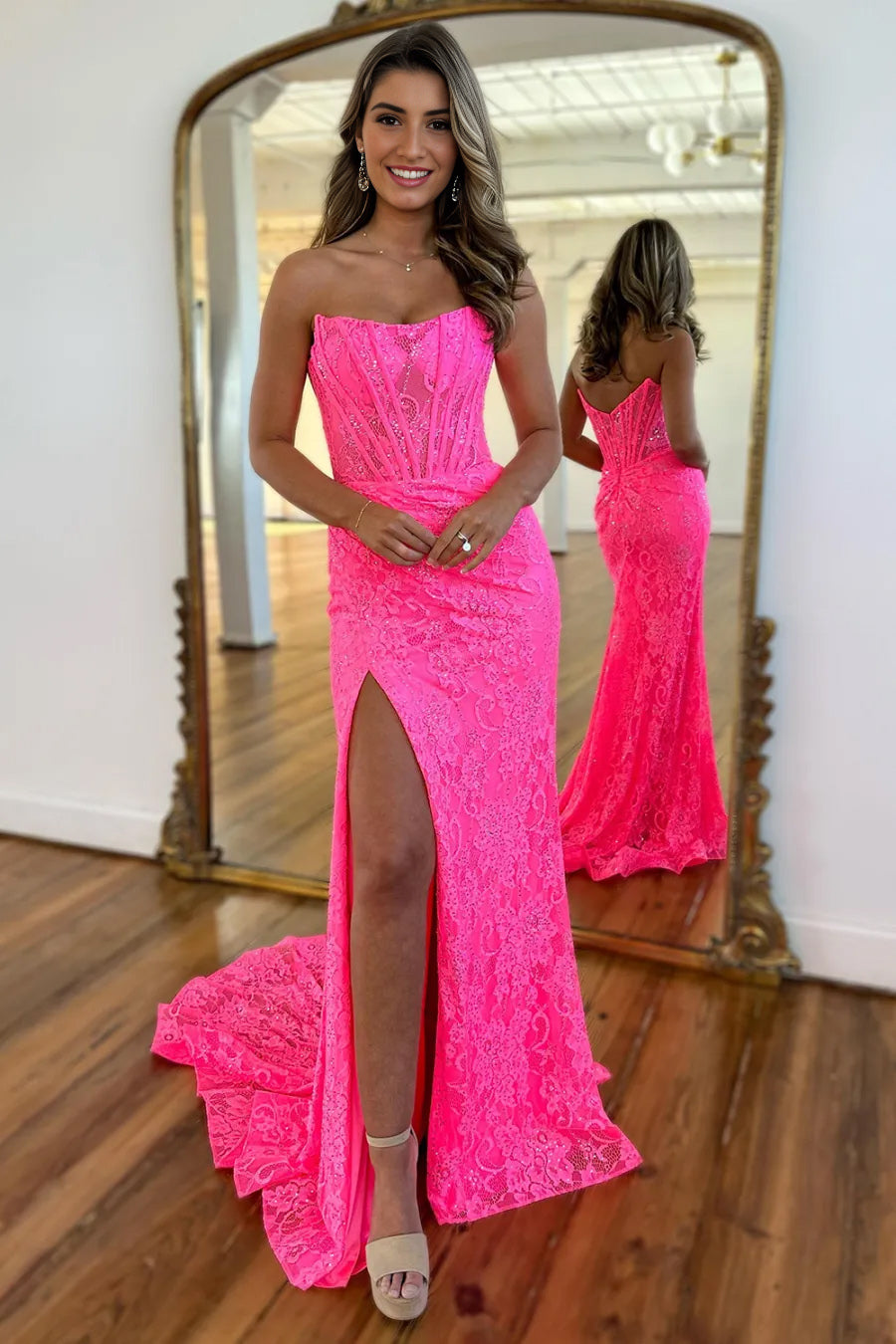 Mandy | Lavender Strapless Lace Ruched Mermaid Prom Dress with Slit